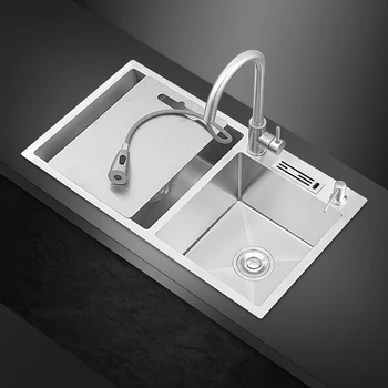 

Large Handmade Sink Double Slot 304 Stainless Steel Kitchen Sink with Knife Holder Above Counter Sink Kitchen Faucet Brushed