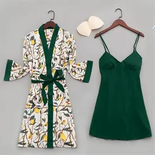 Женская атласная пижама, халат, сексуальный шелковый халат, набор, домашняя одежда для сна, женская ночная рубашка с нагрудными накладками