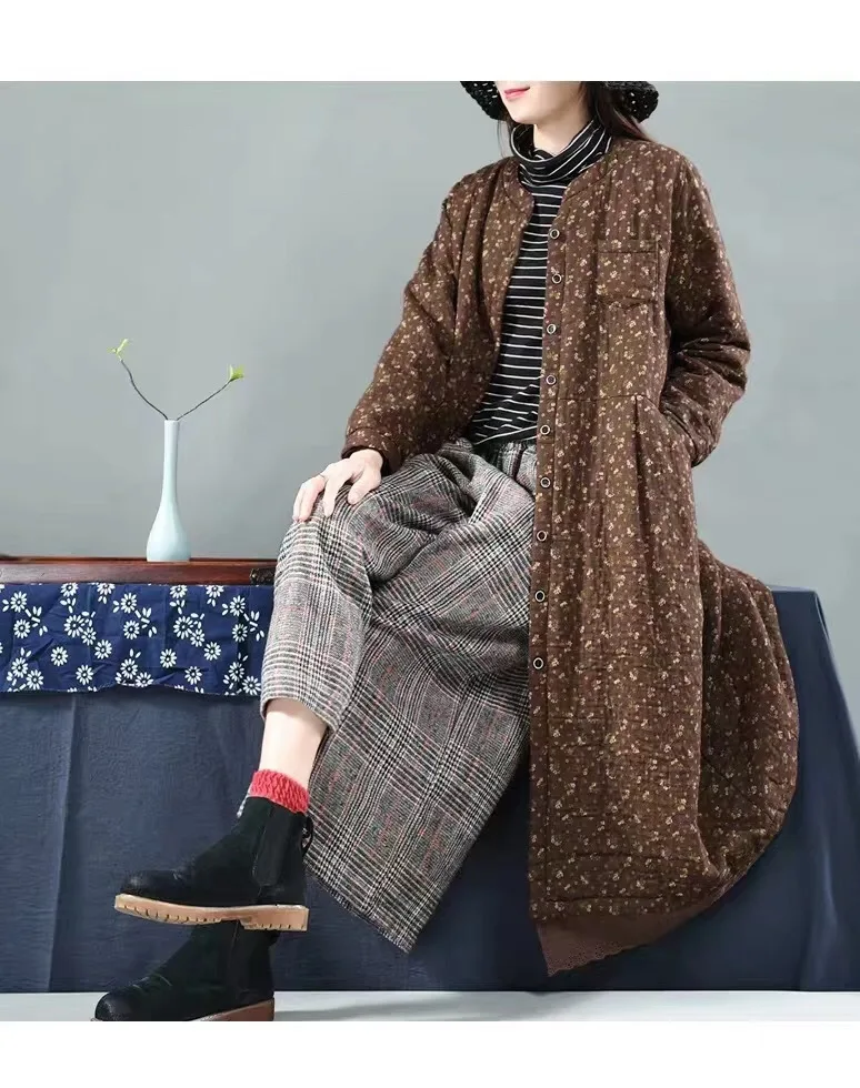 

Origional Large Size Autumn New Style Mid-length Cotton Linen Printed Cardigan Coat Women's Versitile Fashion 2019
