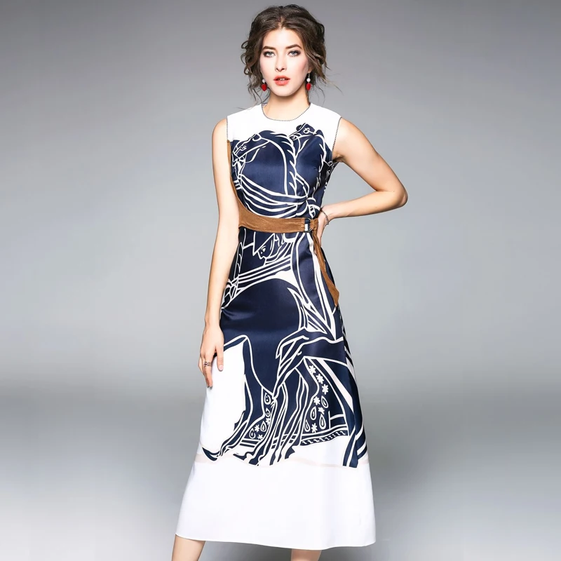 

HAMALIEL Vestidos Summer Dress 2019 Elegant Women‘s Sleeveless Printing Long Dress Causual Slim O Neck Tank Party Sashes Dress