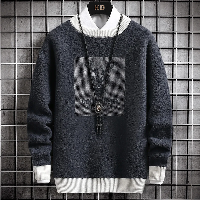 #5805 Black Blue Khaki Mink Velvet Knitted Sweater Men O Neck Casual Men's Sweater Warm Slim Mohair Sweater Harajuku Winter 2022