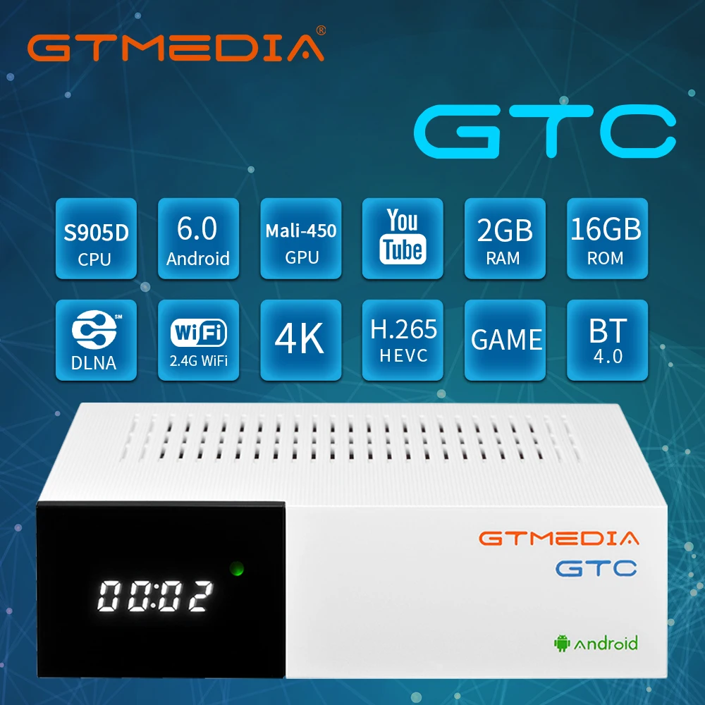 Gtmedia GTC,Android TV Box,Built-in WiFi,Satellite TV Receiver Decoder DVB-S2/T2/C 2GB+16GB,support 3D 4k HD TV Box,ccam Spain 1