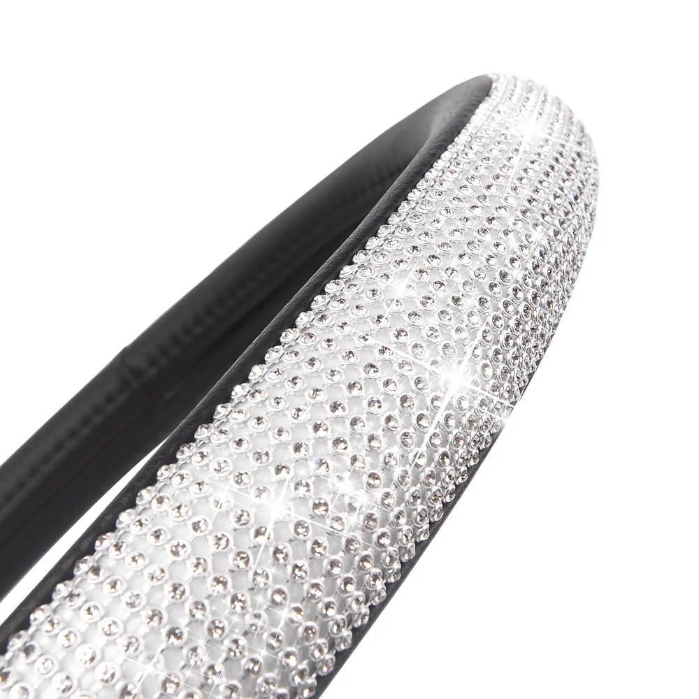 AUTOYOUTH PU Leather Car Steering Wheel Cover with Crystal Rhinestones Bling Bling Silver Universal Fit