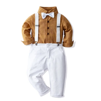 

Toddler Boys Clothes Infant Kids Formal Suits Yellow Shirt + White Pants + White Belt 4 Piece Children Party Outfits