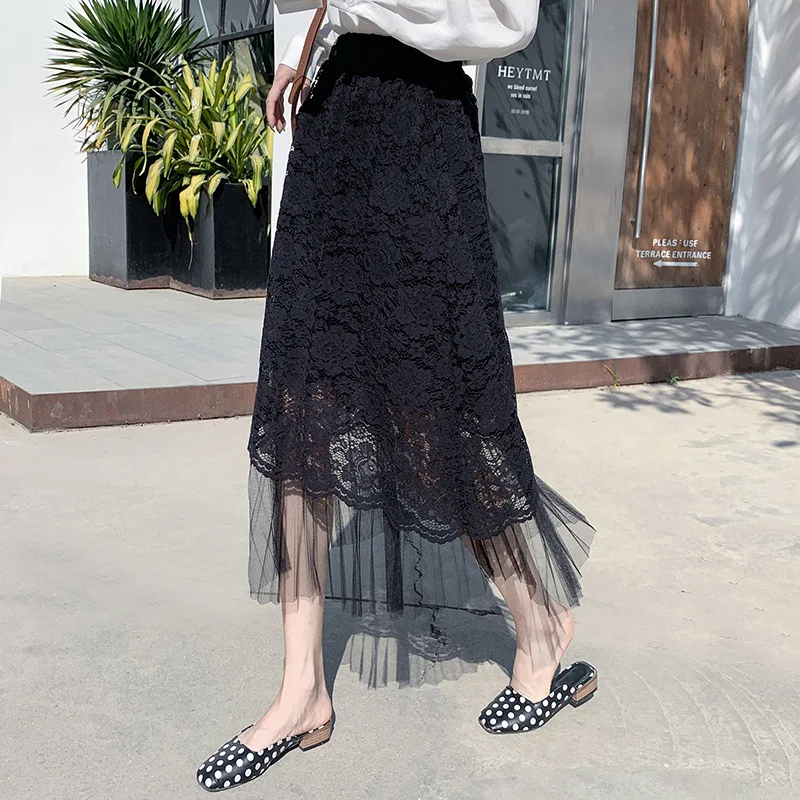 

Black And White with Pattern Lace Dress Women's Spring And Autumn 2020 New Style Industrial High-waisted Slimming A- line Skirt