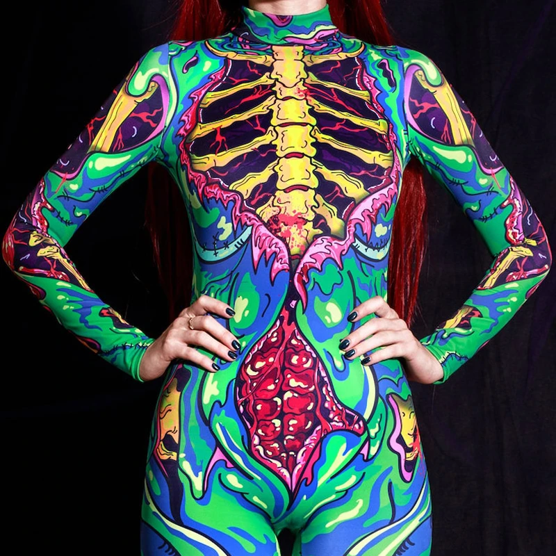Zombie Costume Skeleton Halloween Costumes for Women Adult Green Bodysuit Plus Size Scary Sexy Bodysuit Carnival Party
