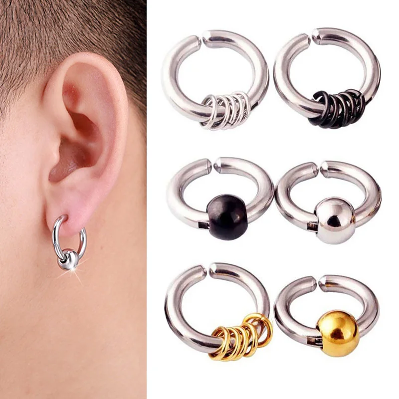Ear Clip Earrings 1 piece Stainless Steel Ear Clip Earrings Men/Women Small Circle Bead Pendant No Pierced Fake Ear Circle Gothic Earrings