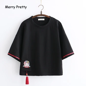

Merry Pretty Cotton Women's Cartoon Cat Embroidery T Shirts 2020 Half Sleeve O-Neck Lace Up T Shirt For Femme Harajuku T Shirt