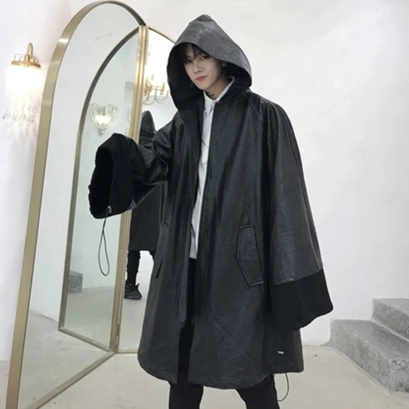 Autumn Winter Long Leather Trench Coat Men Hip Hip Punk Hooded Cloak Black Vintage Gothic Overcoat Jacket