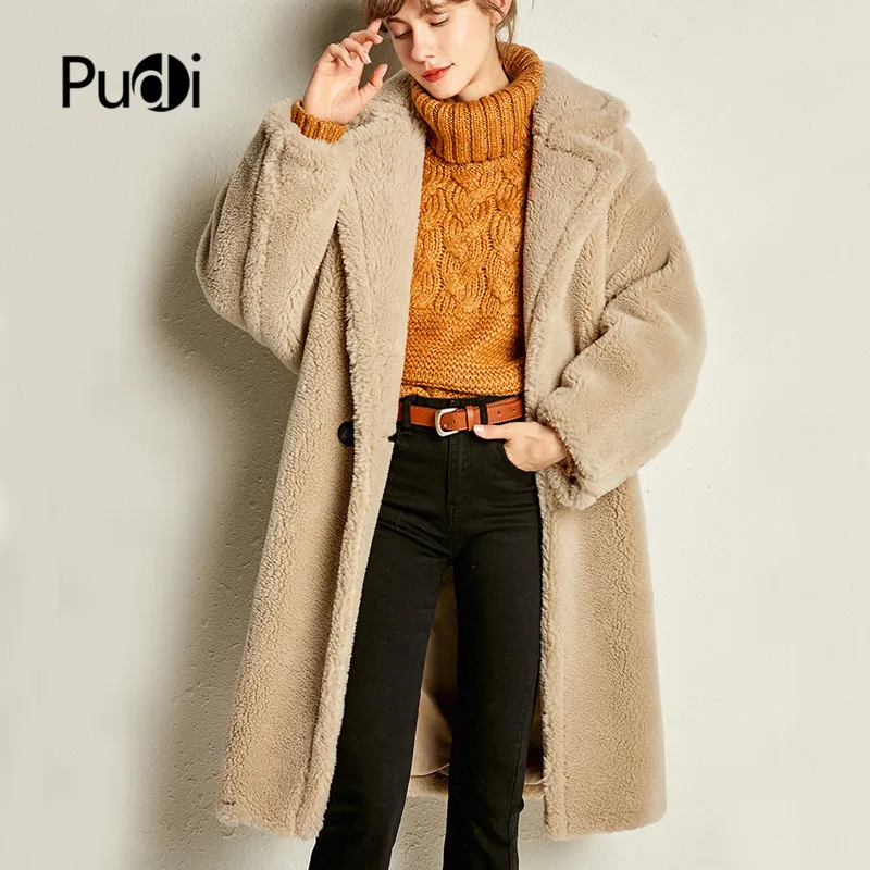 

PUDI new women fashion real sheep fur over coat girl winter leisure solid teddy color jacket overcoats ct817