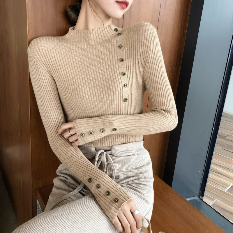 Womens Sweaters 2019 Winter Tops Turtleneck Sweater Button Pullover Jumper Knitted Pull Femme Hiver Truien Dames New | Женская одежда