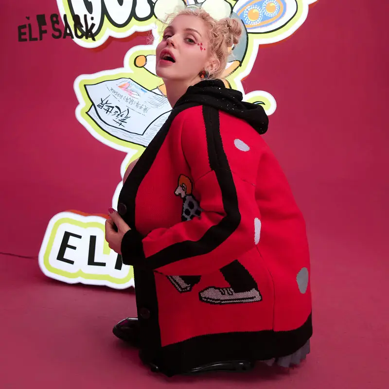 Женский вязаный кардиган ELFSACK красный с мультипликационным принтом в Корейском