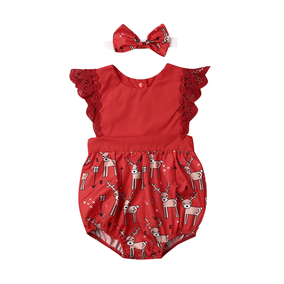 Летний красный Рождественский комбинезон с цветочными оборками и кружевными рукавами для маленьких девочек
