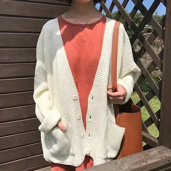 

Simple Casual Oversized Sweater Women Loose V Neck Slim Knit Sweater Woman Autumn and Winter Korean Warm Cardigan Feminino