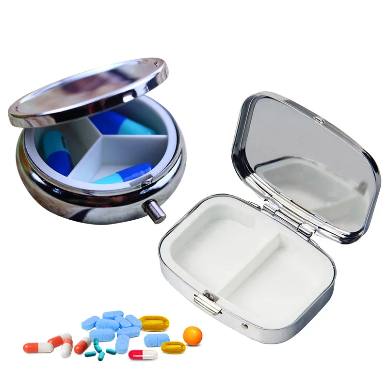 

Portable Silver Metal Rectangle Round Pill Box Drug Holder Medicine Tablet Capsule Box Container Storage Travel Medicine Boxes