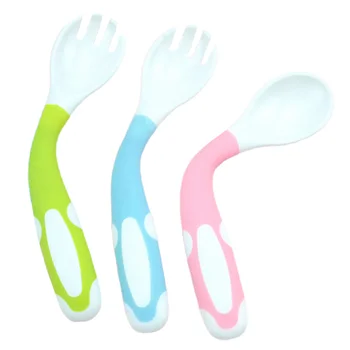 

3 Sets Baby Spoon and Fork Feeding Tableware Practice Feeding Tools for Infant Baby(1 Set in Each Color, Pink, Green, Blue)