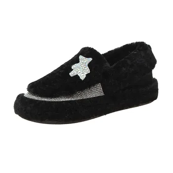 

European station new lamb fur shoes rhinestones plus velvet lazy beanie shoes thick-soled sponge cake women's shoes