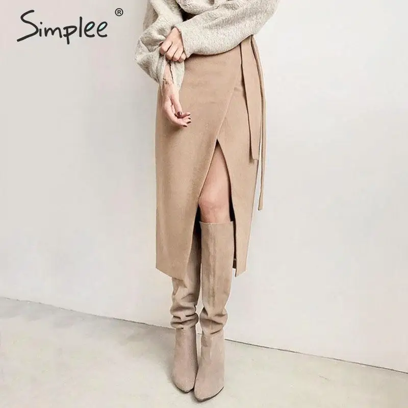 

Simplee Suede leather midi skirt women Autumn winter high waist split sexy female skirt Streetwear offices ladies long skirts