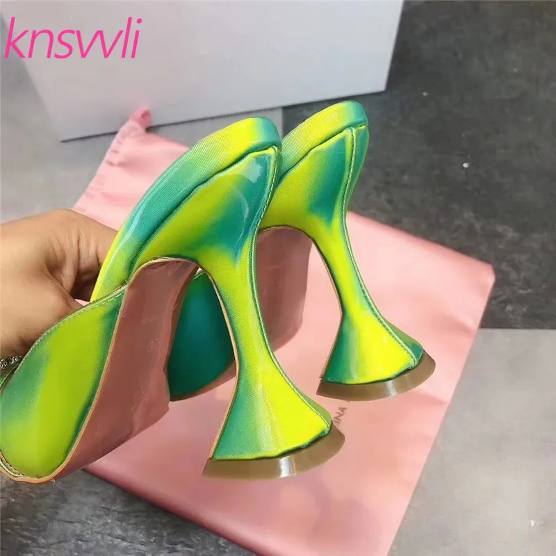 Knsvvli Sun Flowers Rhinestone Buckle Slippers Women Pointed Toe Satin Mules Shoes Women Wine Glass Heels Runway Shoes Woman