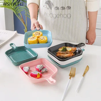 

Ceramic European thickened dinner plate steak plate kitchen board microwave tableware single handle baking pan kitchen supplies