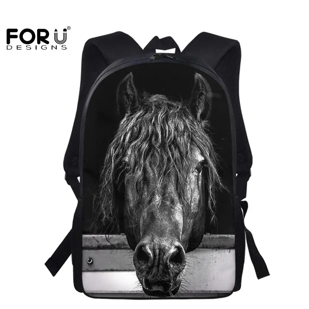 School Bags For Kids Pencil Case Set Crazy Horse 3D Printing  Black School-bag Fire Gold Horse