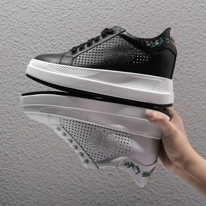 

Casual Hollow Breathable Sneakers Fashion Outdoor Platform Shoes For Woman Classics Leather Cozy Increased Internal High Heels