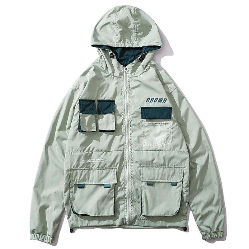 Aolamegs Jackets Men Cool Hip Hop Jacket Hooded Tracksuit Casual Color Block Funny Pockets Coats All-match Couple Streetwear - Цвет: Gray