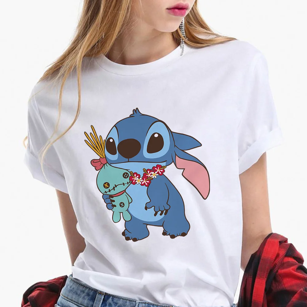 Camisetas de dibujos animados de Disney Stitch para mujer, S 3XL de verano  para mujer, camisetas blancas de cuello redondo Ohana Stitch, camisetas  calientes|Camisetas| - AliExpress