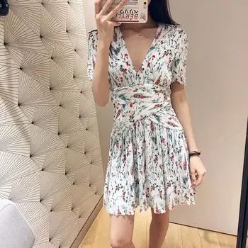 

2019 Summer New Style Contrast Printing Deep V-neck Skirt Waist Dress Women