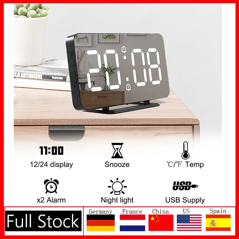 

Wall Clock Mirror Alarm Clock Electronic Temperature Snooze Clocks USB Nightlight Digital LED Watch Home Decoration