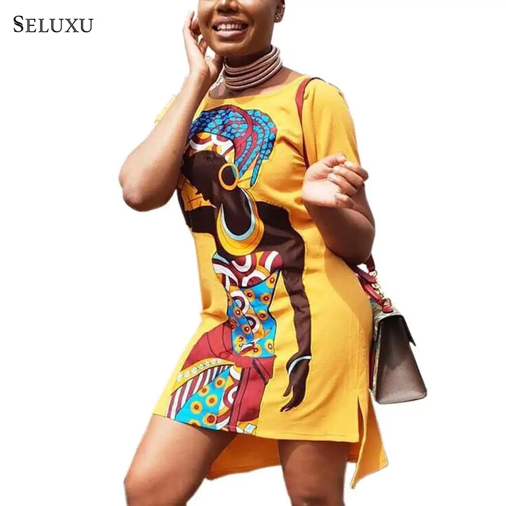 

Seluxu Autumn Vetement Femme 2019 African Clothes African Print shirt Short Sleeve Tribal Mini Dress Crew Neck Women T Shirt