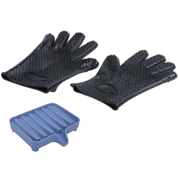 

Newest 1 Pair Kitchen Oven Glove Heat Resistant Bbq Cook Mitts-Black & 1 Pcs Sponge Holder Storage Rack Drain Soap Box Tray