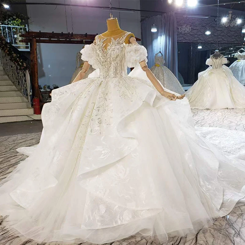 HTL2156 White Elegant Applique Print Pattern Design Frill Transparent Lace Women Wedding Dress Beading Beaded Embellishment 3