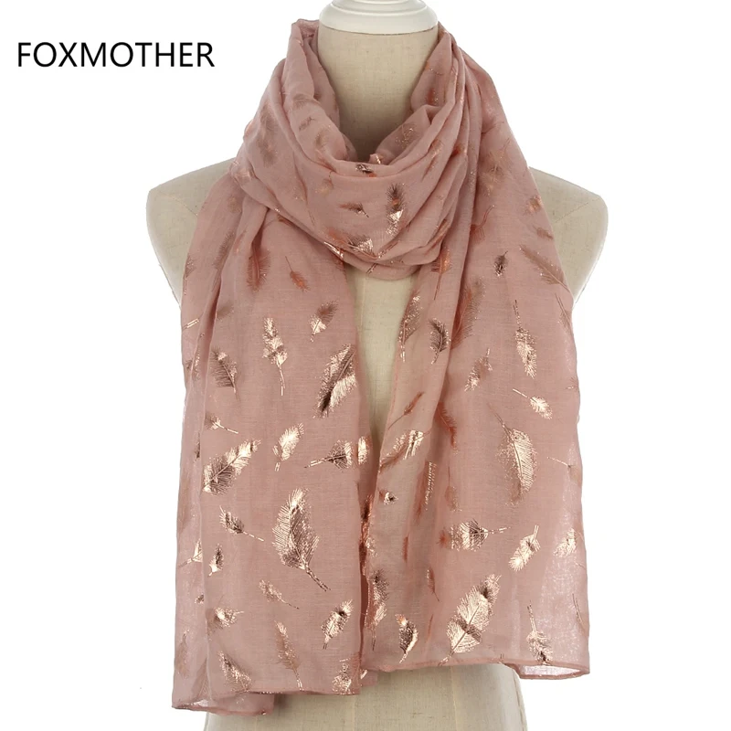Pink Gold Long FOXMOTHER модные женские белые темно-синие желтые бронзовые фольга Серебряное перо кольцо шарфы шейный шарф блестящий платок - Цвет: Pink Gold Long