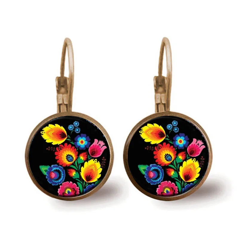 

Polish Folk Art Picture Stud Earring Fashion Jewelry with Glass Cabochon Moder Paper Cutting Element Flower Earring for Women