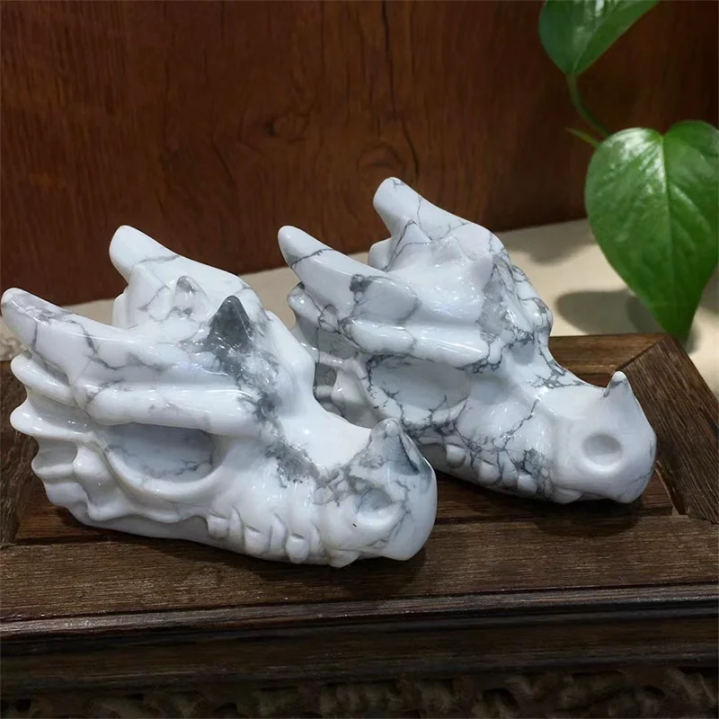 

Natural Howlite Crystal Handmade Carved Dragon Head Skull Polished Animal Powerful Statue For Home Decoration Gift 1pcs