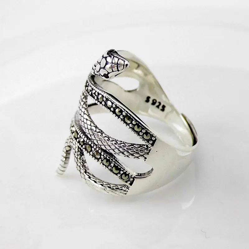 FNJ Животное змея кольцо 925 серебряный марказит Новая мода S925 стерлингового серебра кольца для женщин ювелирные изделия регулируемый размер