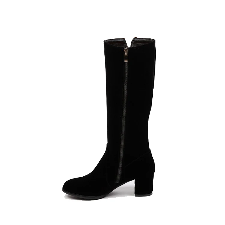 KALENMOS Knee High Boots Women Block Mid Heel Flock Long Boots Ladies Fashion Black Autumn Winter Shoes Daily Boots Size 33-46