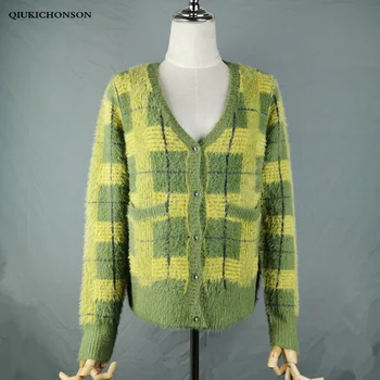 

Vintage Synthetic Mink Cashmere Sweater Women Harajuku Lazy Style Ladies V-Neck Button Up Cropped Fuzzy Plaid Cardigan Knitted