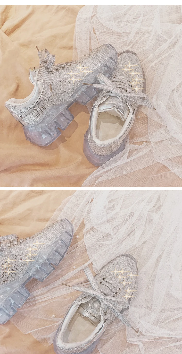 Бренд популярным Стразы кроссовки Для женщин Коренастый кроссовки повседневные туфли серебряного цвета; женская повседневная обувь на шнурках со стразами кроссовки Femme