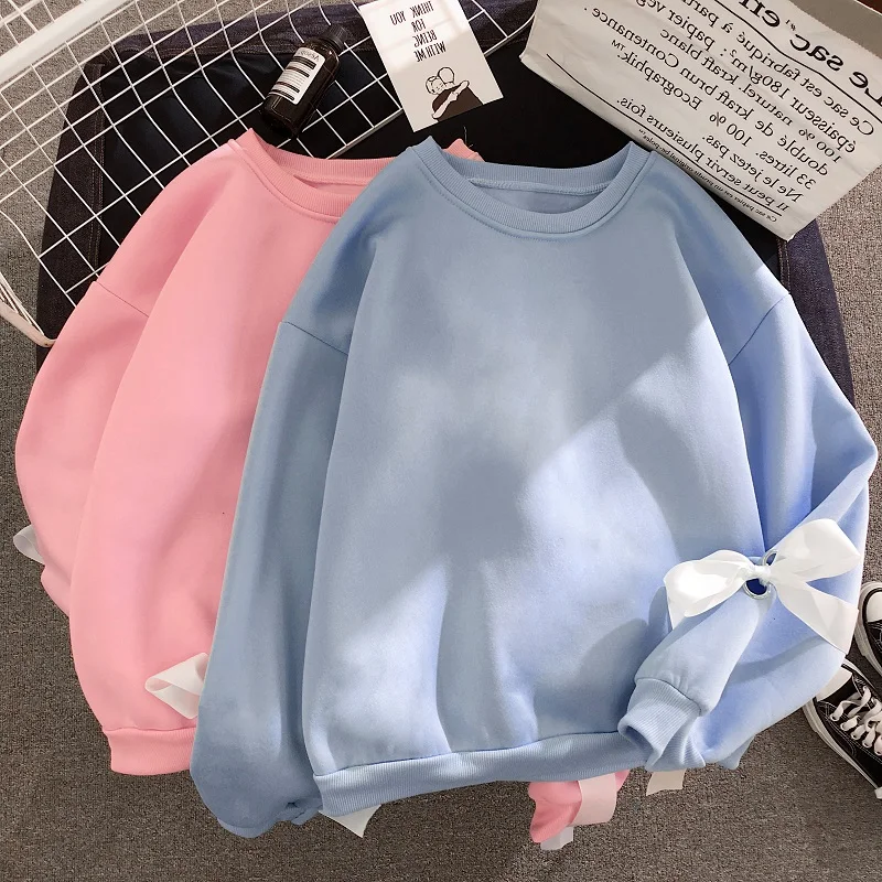  korean Kawaii solid bow Hoodies spring autumn Sweatshirt Pink blue Harajuku students Streetwear Wom