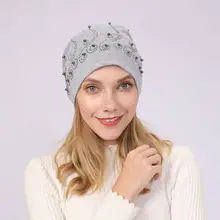 Женская шляпа с бусинами, рябь, раковая шапка Хемо, шарф, тюрбан, шапка, зимняя, стразы, жемчуг, натуральный енот, помпон, хлопковая шапка