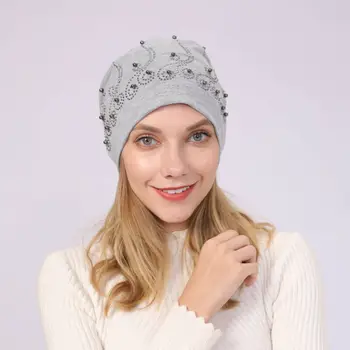 

Women Beading Hat Ruffle Cancer Chemo Beanie Scarf Turban Wrap Cap Winter Rhinestones Pearl Natural Raccoon Pompom Cotton Cap
