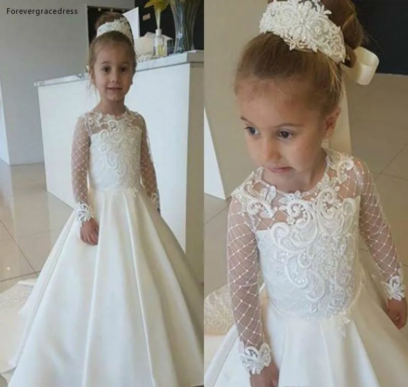 Holy White Lovely Little Kids Flower Girl Dresses Sheer Long Sleeves 2018 Princess A Line Satin Appliques Girl Birthday First Communion Gown  95 (1)