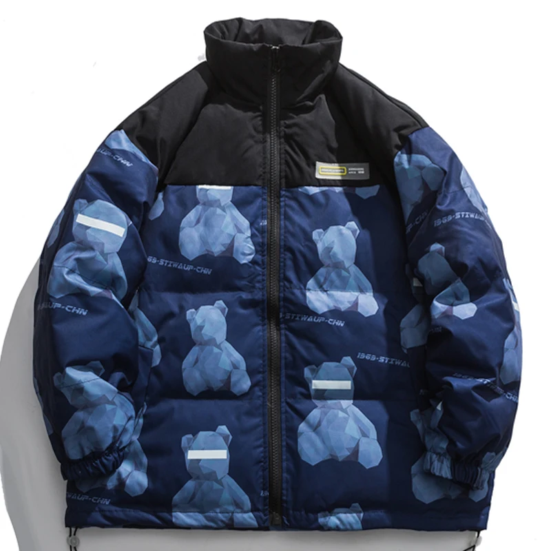 

Mens Bear Print Winter Jacket Couple Japan Harajuku Zipper Thicken Warm Parkas Male Loose Color Block Hip Hop Street Padded Coat