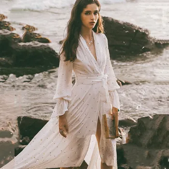 

Original Design AIGYPTOS Spring Women Elegant White Dresses Bohemian Beach Embroidery Polka Dots Casual Sexy Front Split Dress