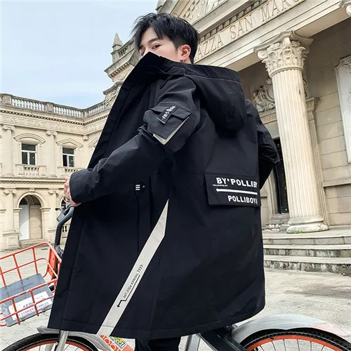 Длинная Куртка мужская с принтом мода Весна Harajuku ветровка пальто Мужская Повседневная Верхняя одежда Молодежный хип хоп кардиган-пончо - Цвет: black