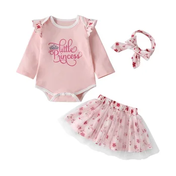 

Autumn Newborn Baby Girls Clothes Letter Printed Ruffles Tops Tutu Dress Headband 3pcs Sets Outfits Casual Infant Clothing D30