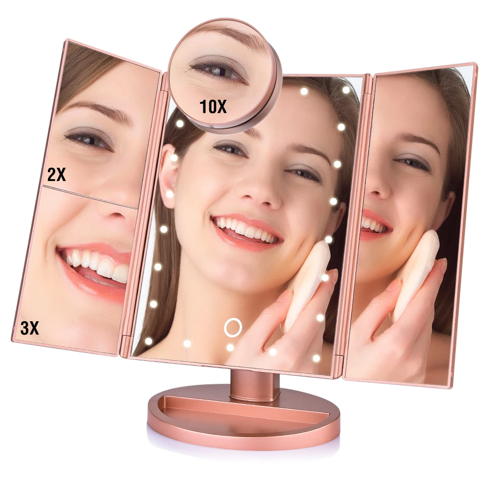 LED Touch Screen 22 Light Makeup Mirror 3 Folding Adjustable Mirror Makeup 1X 2X 3X 10X 1