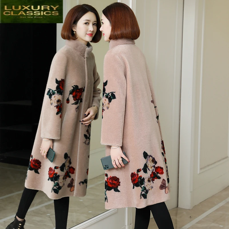 

Fur Coat Female Real Vintage Long Mink Fur Collar Sheep Shearing Jacket Women Cloth 2021 Korean 100% Wool Tops Hiver 2067